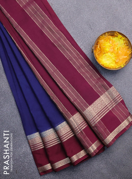 Semi crepe saree navy blue and wine shade with plain body and rettapet zari woven border