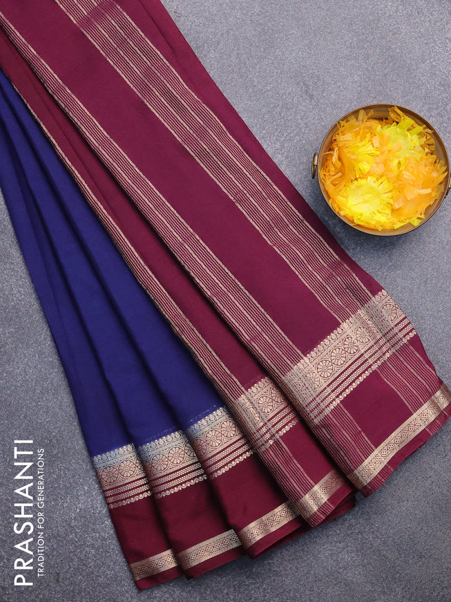 Semi crepe saree navy blue and wine shade with plain body and rettapet zari woven border