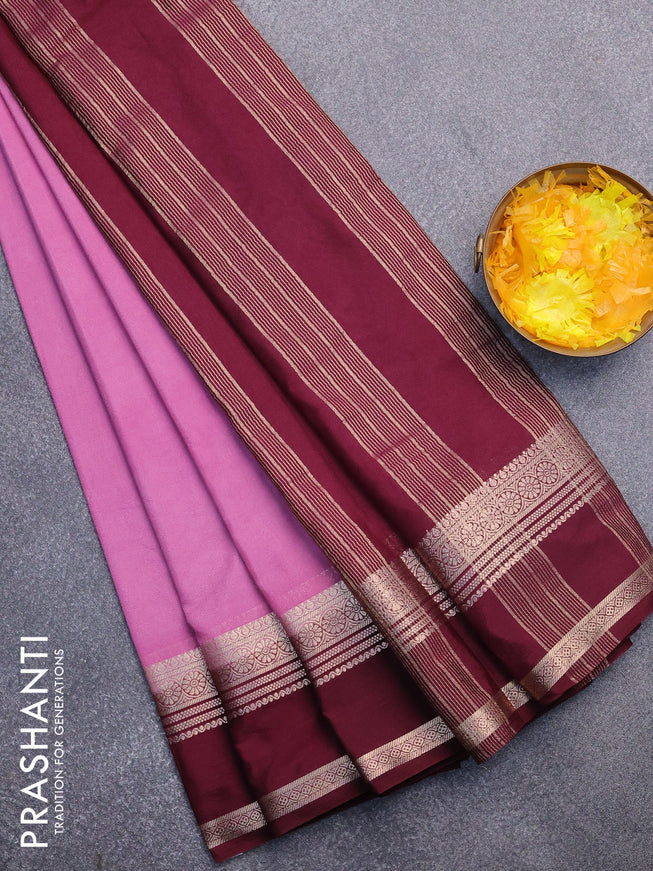 Semi crepe saree mauve pink and wine shade with plain body and rettapet zari woven border