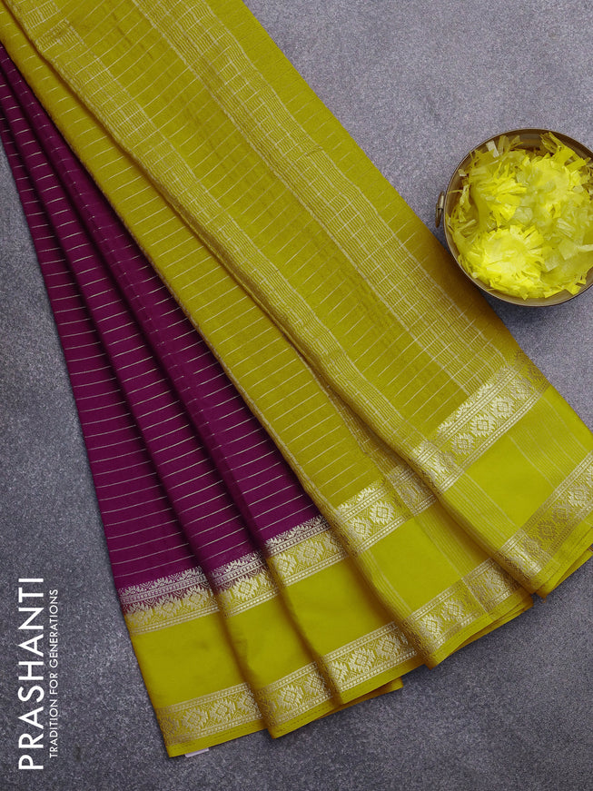 Semi crepe saree purple and mango yellow with allover zari stripe pattern and rettapet zari woven border