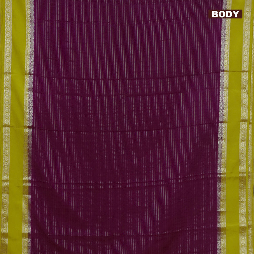 Semi crepe saree purple and mango yellow with allover zari stripe pattern and rettapet zari woven border