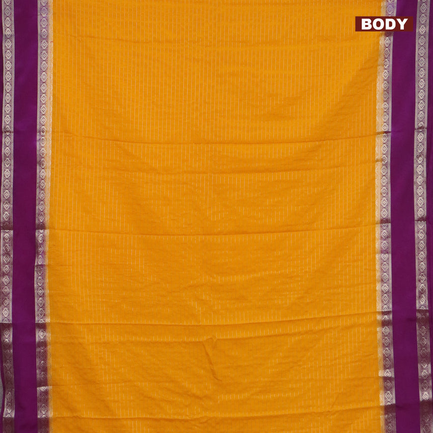 Semi crepe saree mango yellow and purple with allover zari stripe pattern and rettapet zari woven border