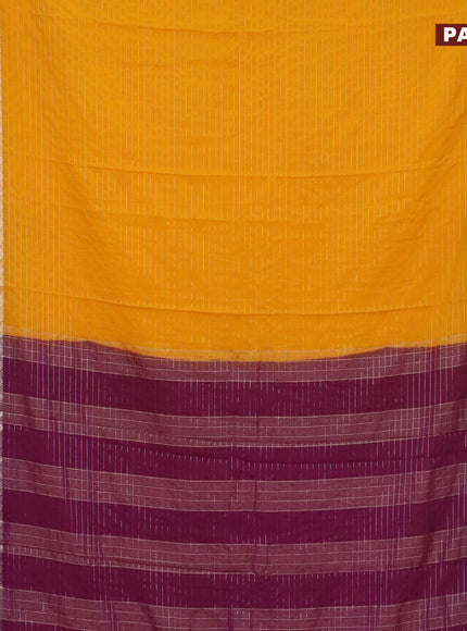 Semi crepe saree mango yellow and purple with allover zari stripe pattern and rettapet zari woven border