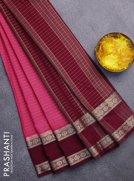 Semi crepe saree peach pink and deep maroon with allover zari stripe pattern and rettapet zari woven border