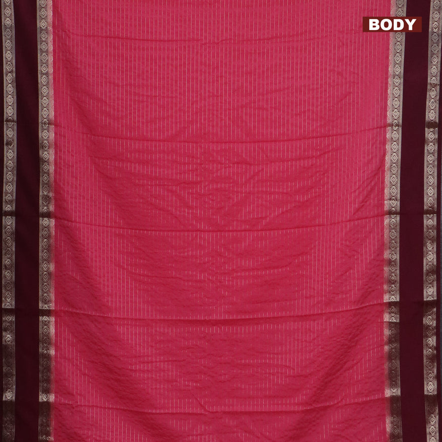 Semi crepe saree peach pink and deep maroon with allover zari stripe pattern and rettapet zari woven border