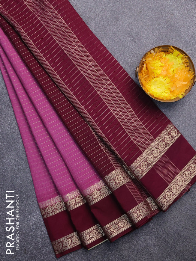 Semi crepe saree mauve pink and wine shade with allover zari stripe pattern and rettapet zari woven border