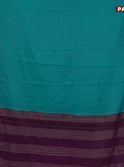 Semi crepe saree teal green shade and purple with allover zari stripe pattern and rettapet zari woven border