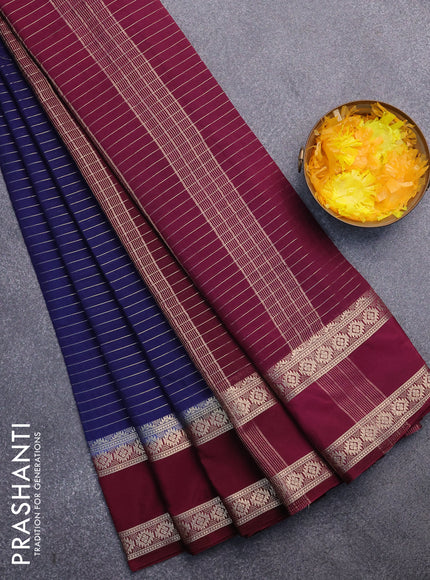 Semi crepe saree navy blue and wine shade with allover zari stripe pattern and rettapet zari woven border