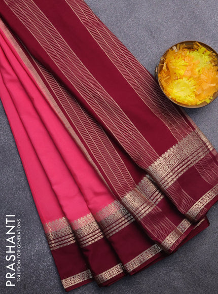 Semi crepe saree peach pink and wine shade with plain body and rettapet zari woven border