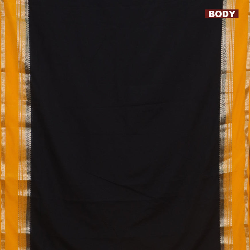 Semi crepe saree black and mango yellow with plain body and rettapet zari woven border