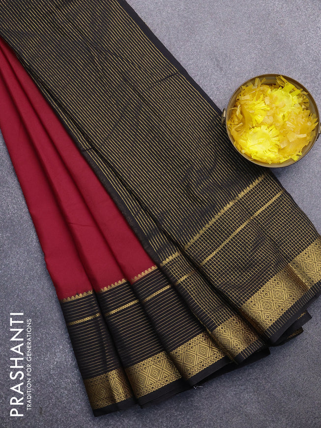 Semi crepe saree red and black with plain body and long zari woven border