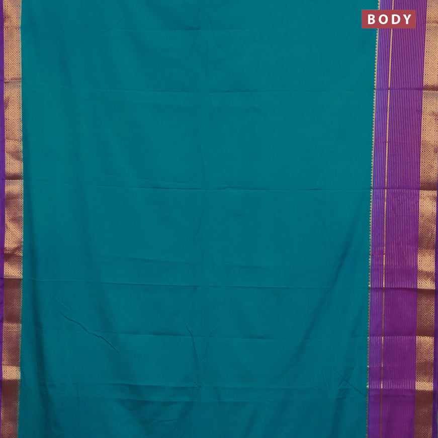 Semi crepe saree teal blue shade and violet with plain body and long zari woven border