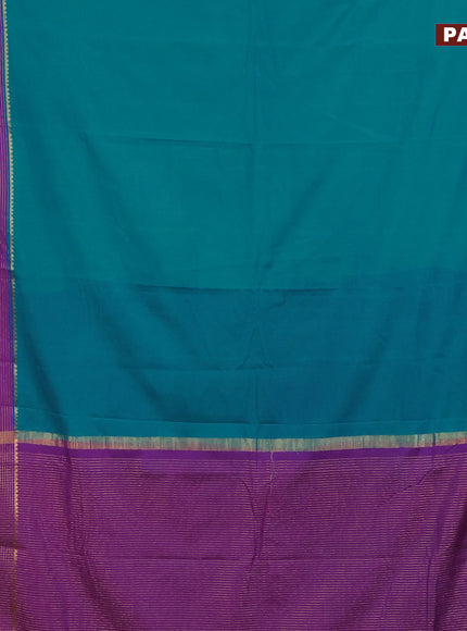 Semi crepe saree teal blue shade and violet with plain body and long zari woven border