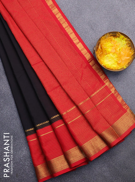 Semi crepe saree black and red with plain body and long zari woven border