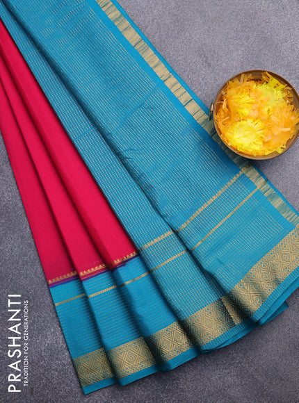 Semi crepe saree pink and teal blue with plain body and long zari woven border