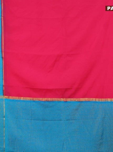 Semi crepe saree pink and teal blue with plain body and long zari woven border