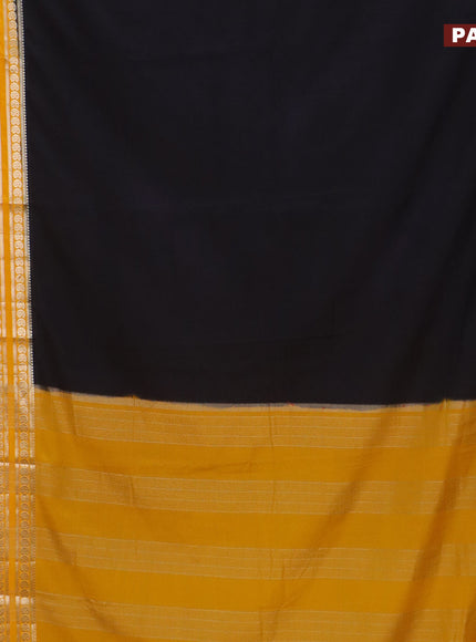 Semi crepe saree black and mango yellow with plain body and long rettapet zari woven border