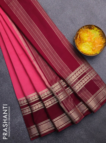 Semi crepe saree peach pink and wine shade with plain body and long rettapet zari woven border