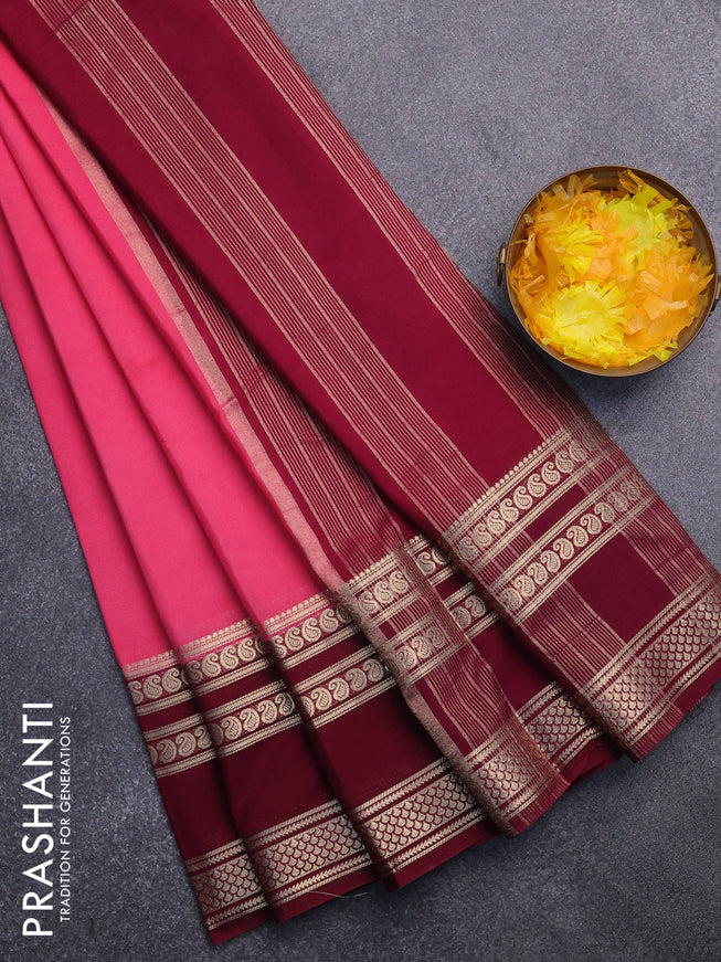 Semi crepe saree peach pink and wine shade with plain body and long rettapet zari woven border