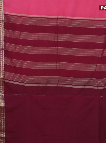 Semi crepe saree peach pink and wine shade with plain body and long rettapet zari woven border