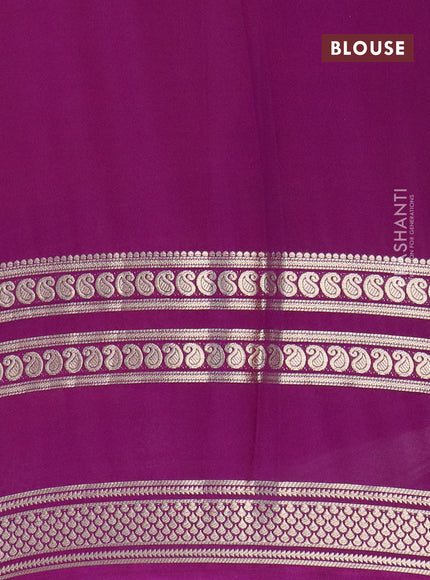 Semi crepe saree mango yellow and purple with plain body and long rettapet zari woven border