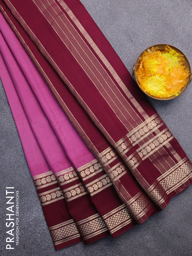 Semi crepe saree mauve pink and wine shade with plain body and long rettapet zari woven border