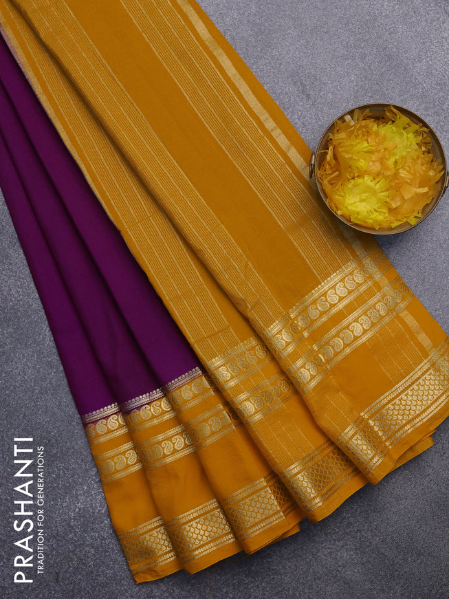 Semi crepe saree purple and mango yellow with plain body and long rettapet zari woven border