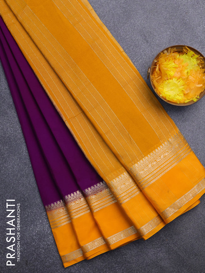 Semi crepe saree purple and mango yellow with plain body and rettapet zari woven border