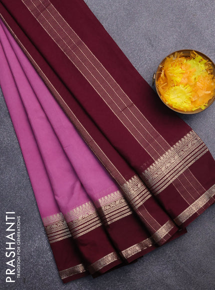 Semi crepe saree mauve pink and deep maroon with plain body and rettapet zari woven border