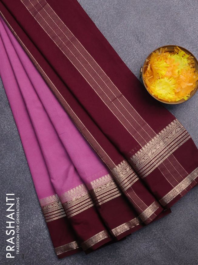 Semi crepe saree mauve pink and deep maroon with plain body and rettapet zari woven border