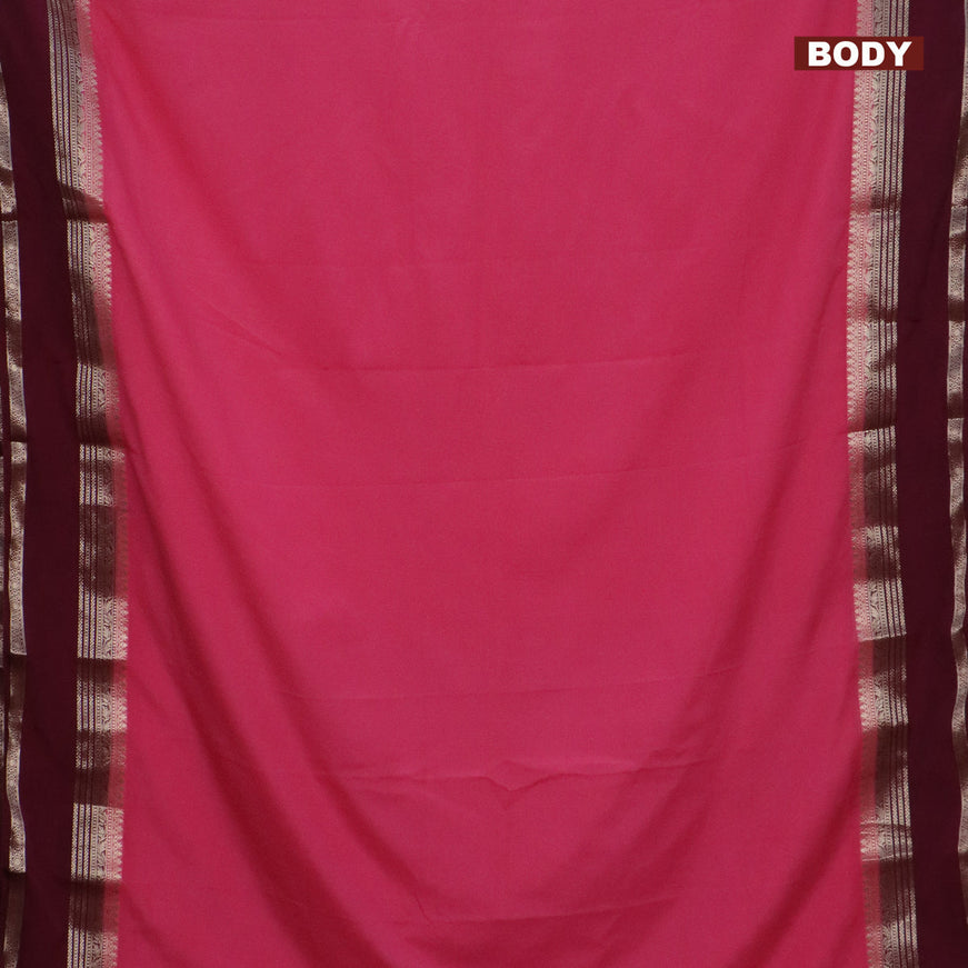 Semi crepe saree peach pink and wine shade with plain body and rettapet zari woven border