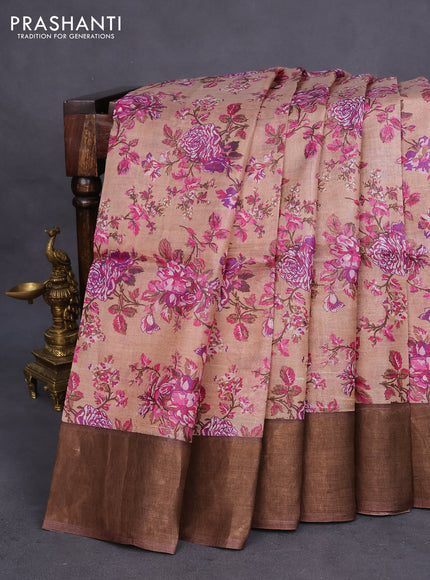 Pure tussar silk saree sandal and brown with allover floral prints and zari woven border