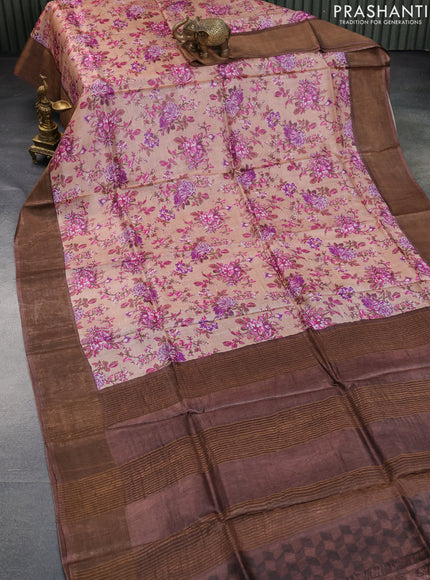 Pure tussar silk saree sandal and brown with allover floral prints and zari woven border