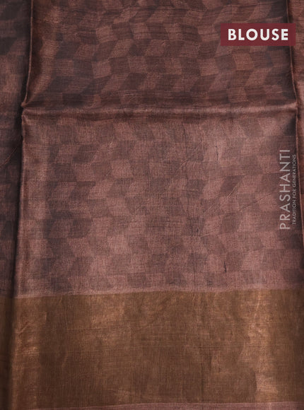 Pure tussar silk saree sandal and brown with allover floral prints and zari woven border