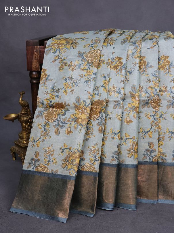 Pure tussar silk saree bluish grey and dark grey with allover floral prints and zari woven border