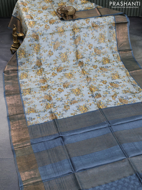 Pure tussar silk saree bluish grey and dark grey with allover floral prints and zari woven border