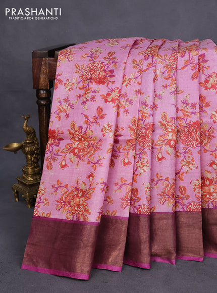 Pure tussar silk saree pastel pink and purple with allover floral prints and zari woven border