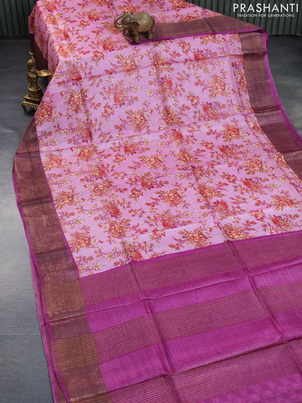 Pure tussar silk saree pastel pink and purple with allover floral prints and zari woven border