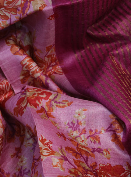 Pure tussar silk saree pastel pink and purple with allover floral prints and zari woven border