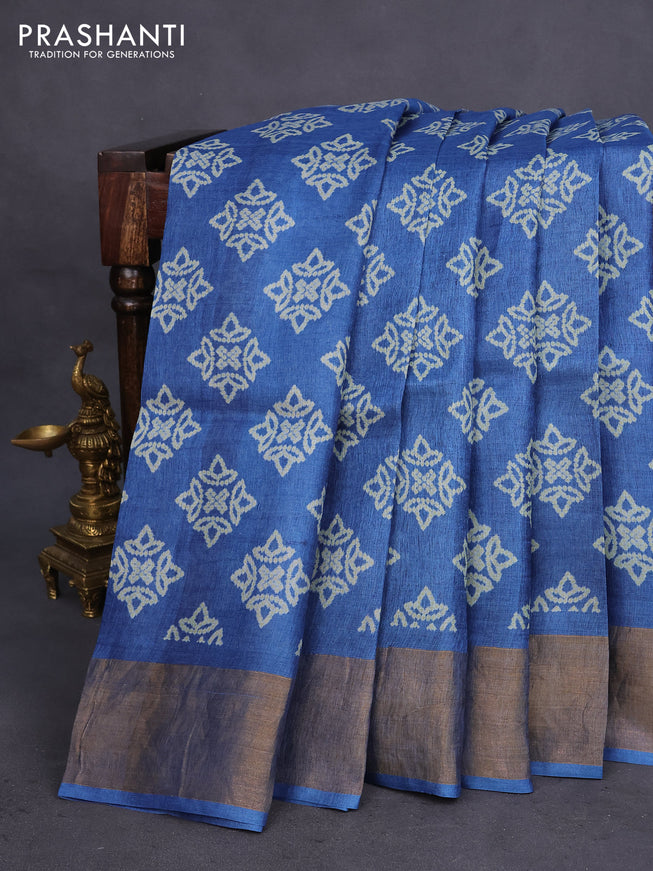 Pure tussar silk saree blue with allover bandhani butta prints and zari woven border