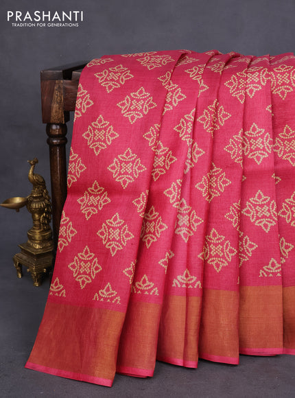 Pure tussar silk saree pink with allover bandhani butta prints and zari woven border