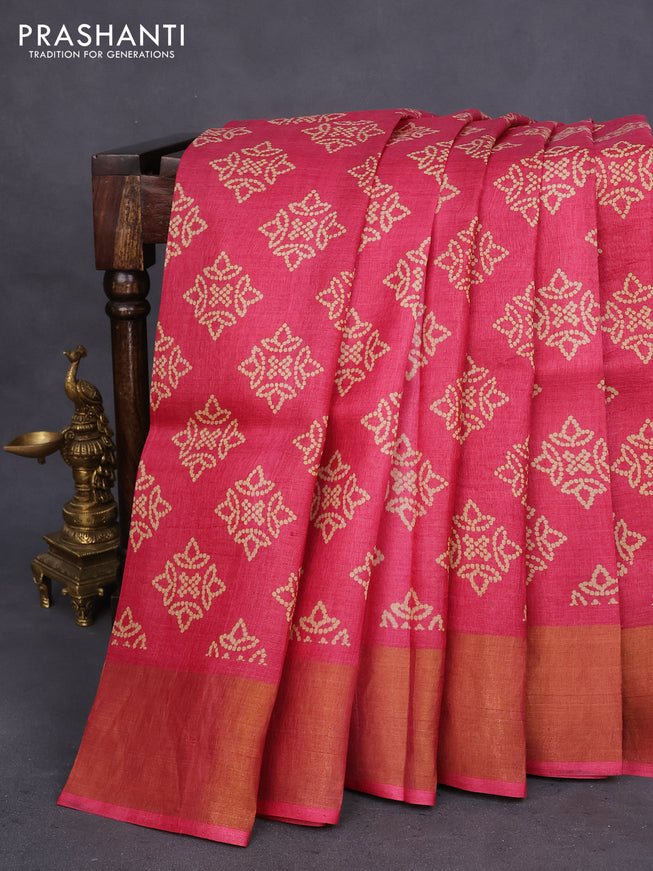 Pure tussar silk saree pink with allover bandhani butta prints and zari woven border