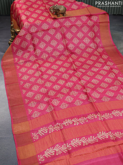 Pure tussar silk saree pink with allover bandhani butta prints and zari woven border