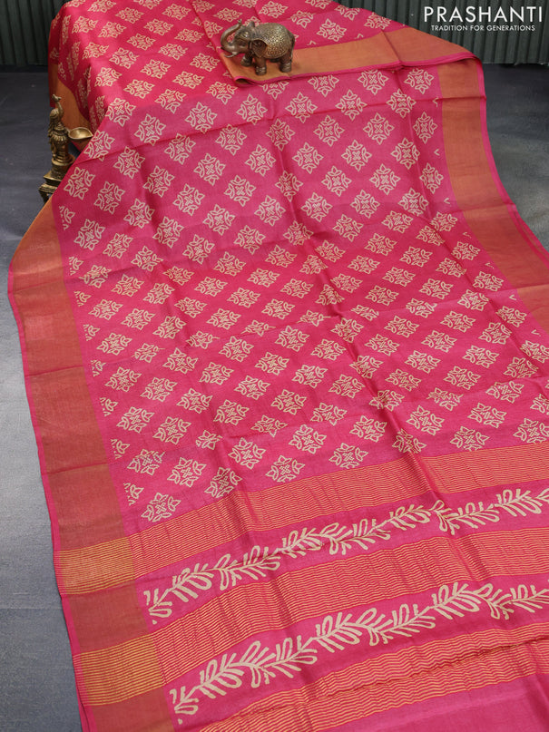 Pure tussar silk saree pink with allover bandhani butta prints and zari woven border