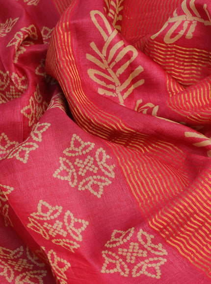 Pure tussar silk saree pink with allover bandhani butta prints and zari woven border