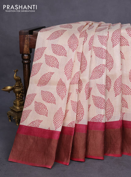 Pure tussar silk saree cream and maroon with allover prints and zari woven border