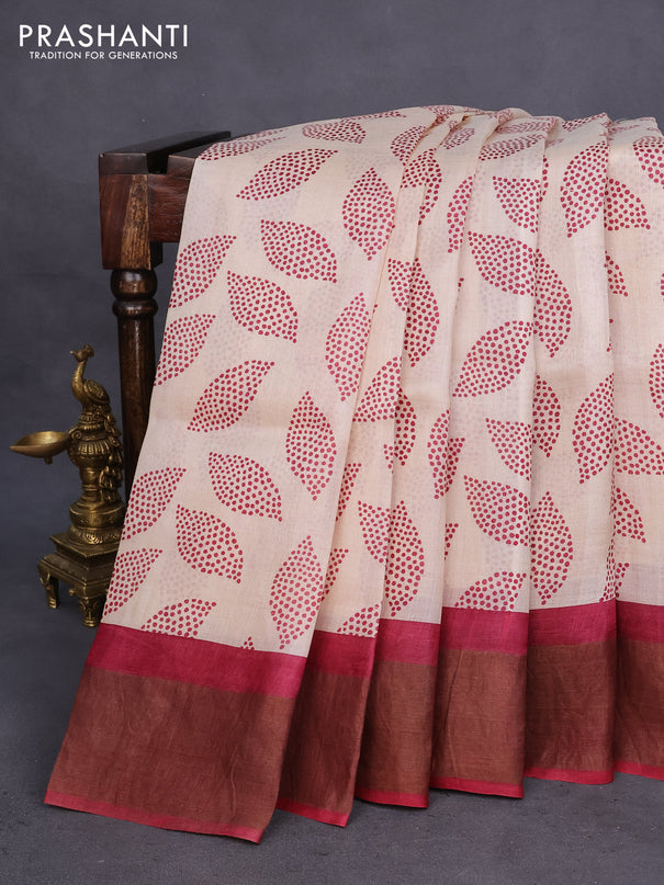 Pure tussar silk saree cream and maroon with allover prints and zari woven border