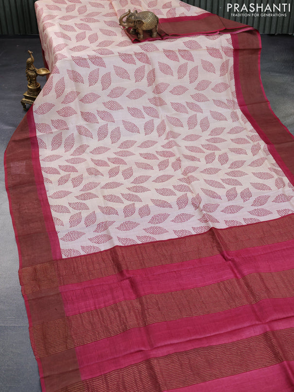 Pure tussar silk saree cream and maroon with allover prints and zari woven border