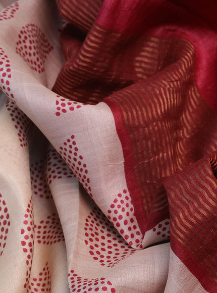 Pure tussar silk saree cream and maroon with allover prints and zari woven border