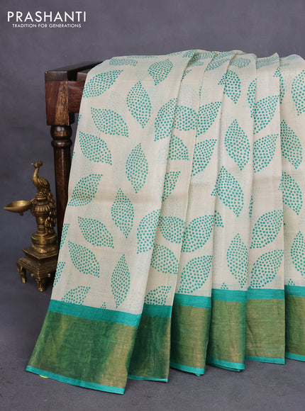 Pure tussar silk saree cream and maroon with allover prints and zari woven border